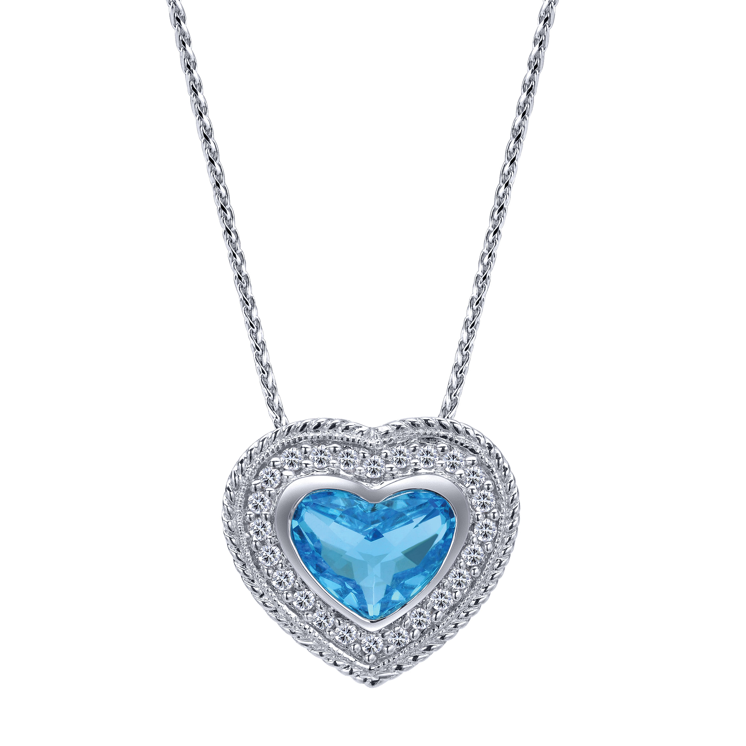 14K White Gold Swiss Blue Topaz and Diamond Heart Pendant Necklace