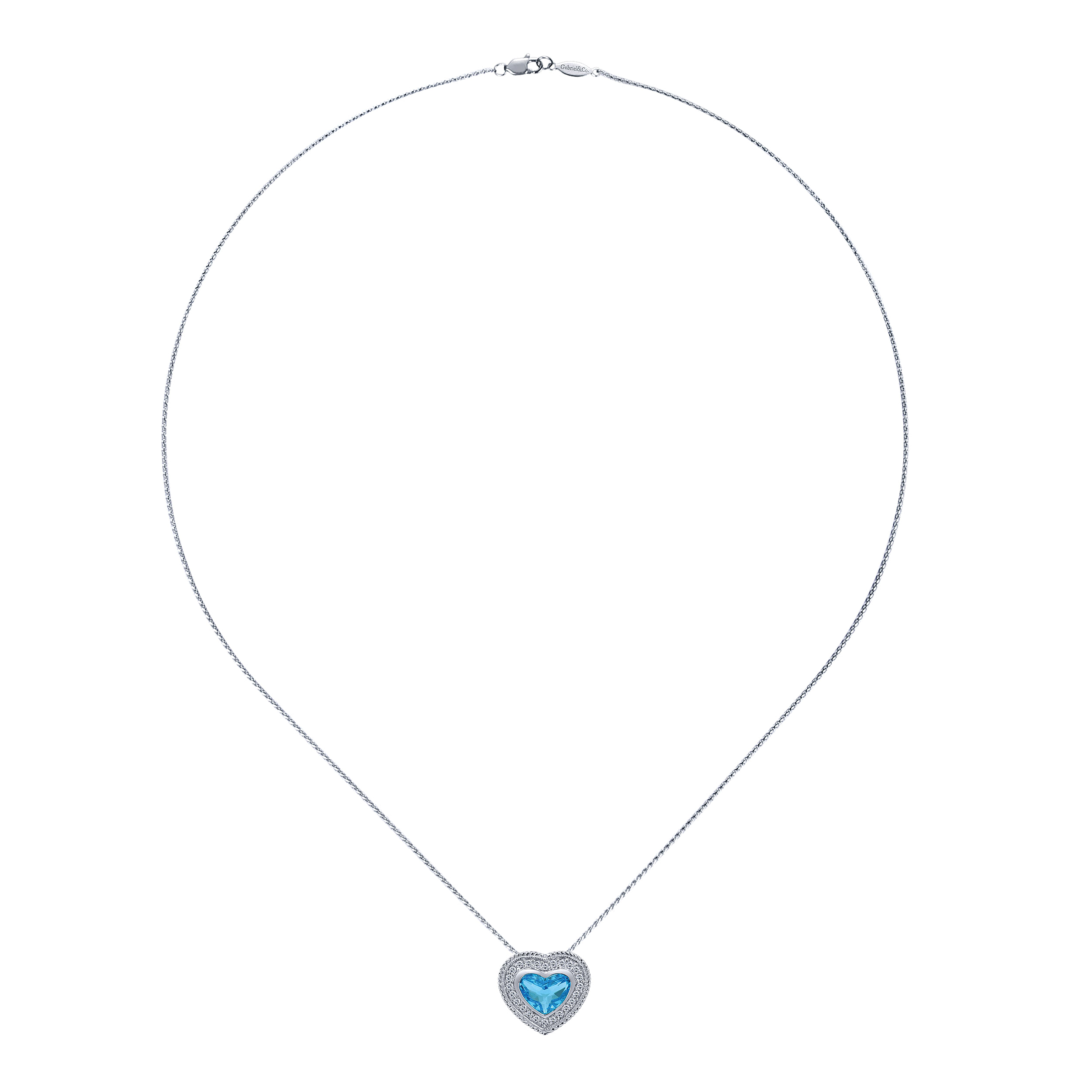 14K White Gold Swiss Blue Topaz and Diamond Heart Pendant Necklace