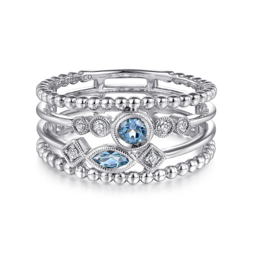 14K White Gold Swiss Blue Topaz and Diamond Multi Row Ring