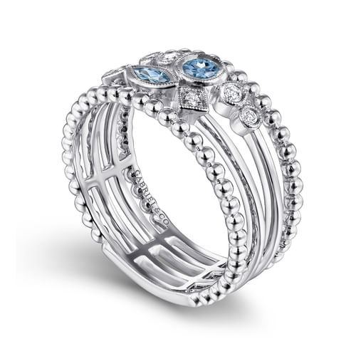 14K White Gold Swiss Blue Topaz and Diamond Multi Row Ring