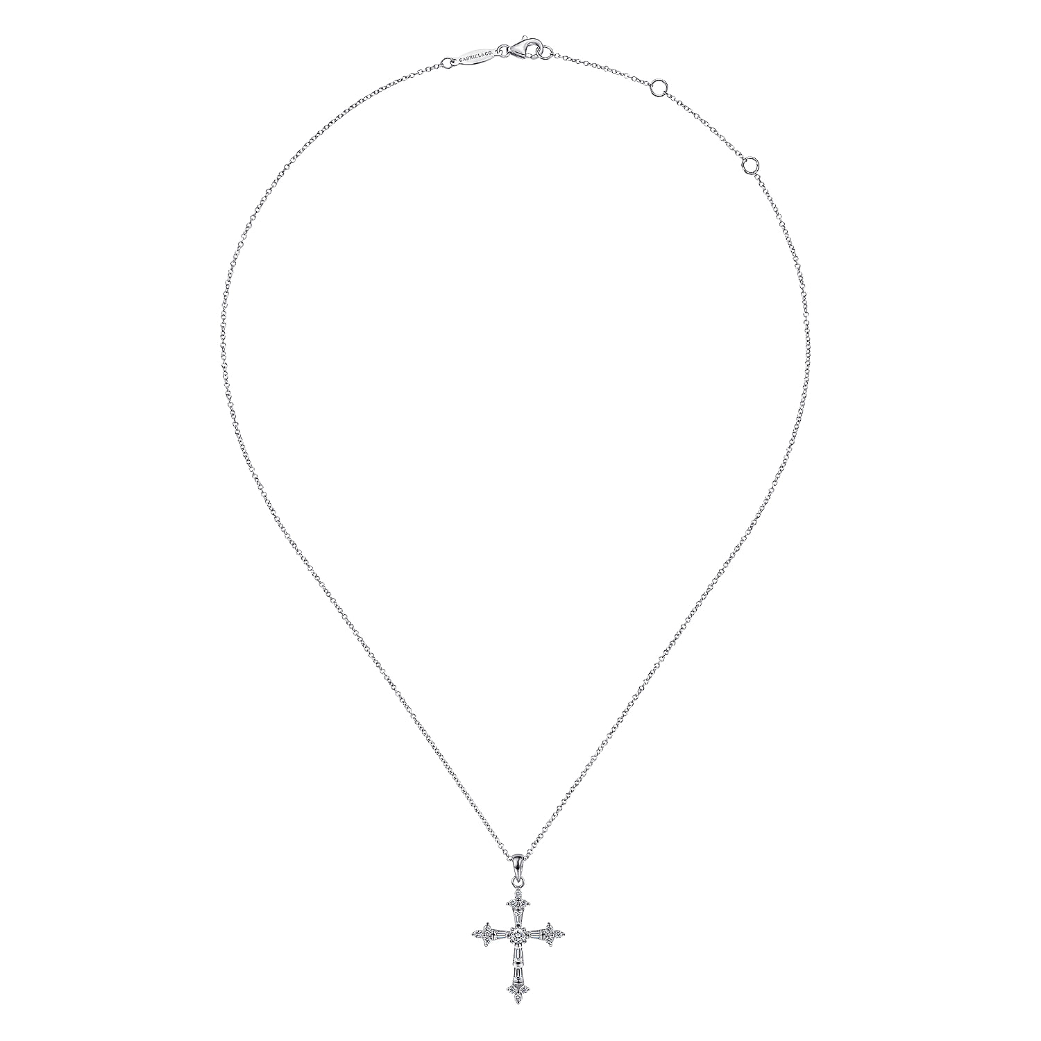 14K White Gold Tapered Baguette and Round Diamond Cross Pendant Necklace