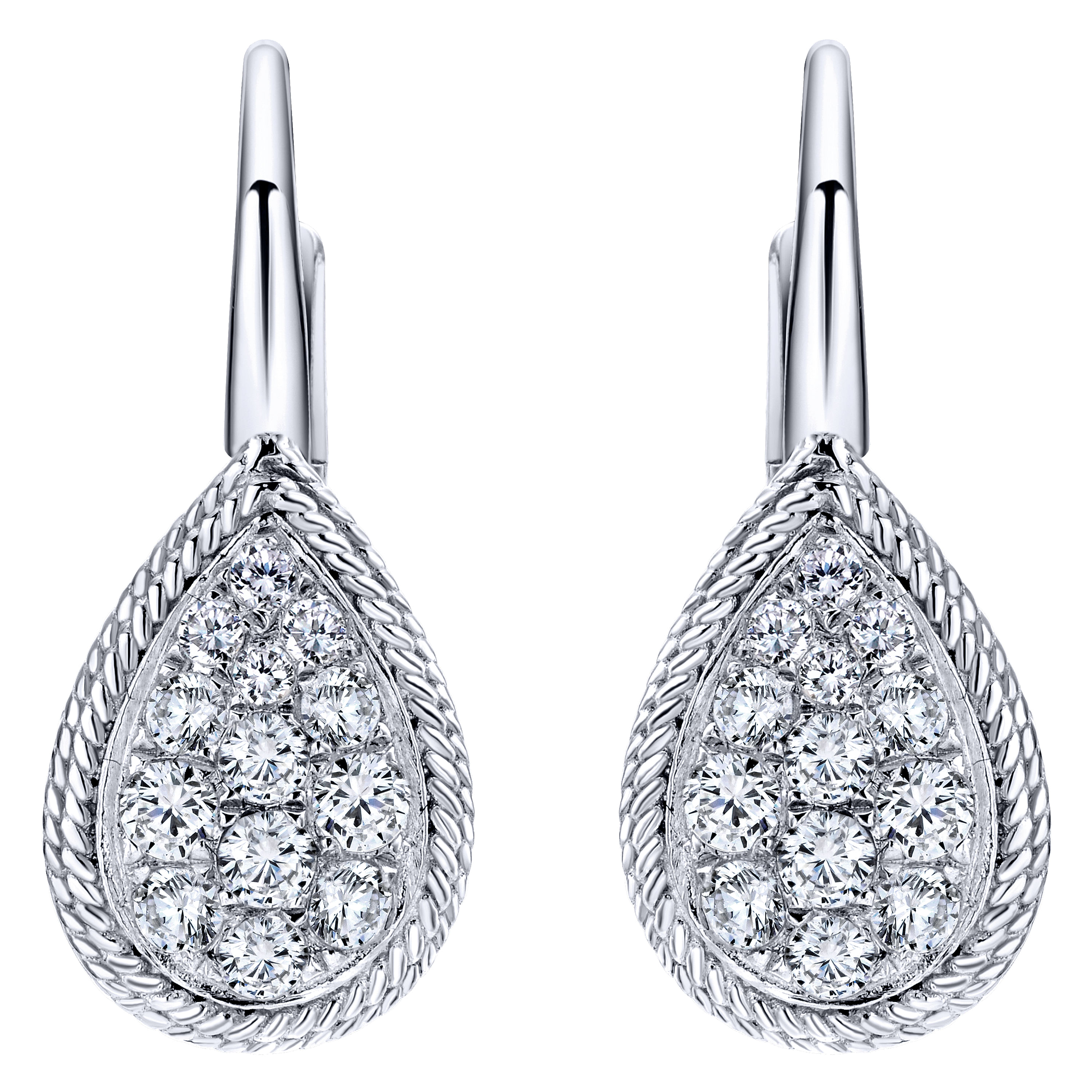 14K White Gold Teardrop Leverback Cluster Diamond Earrings