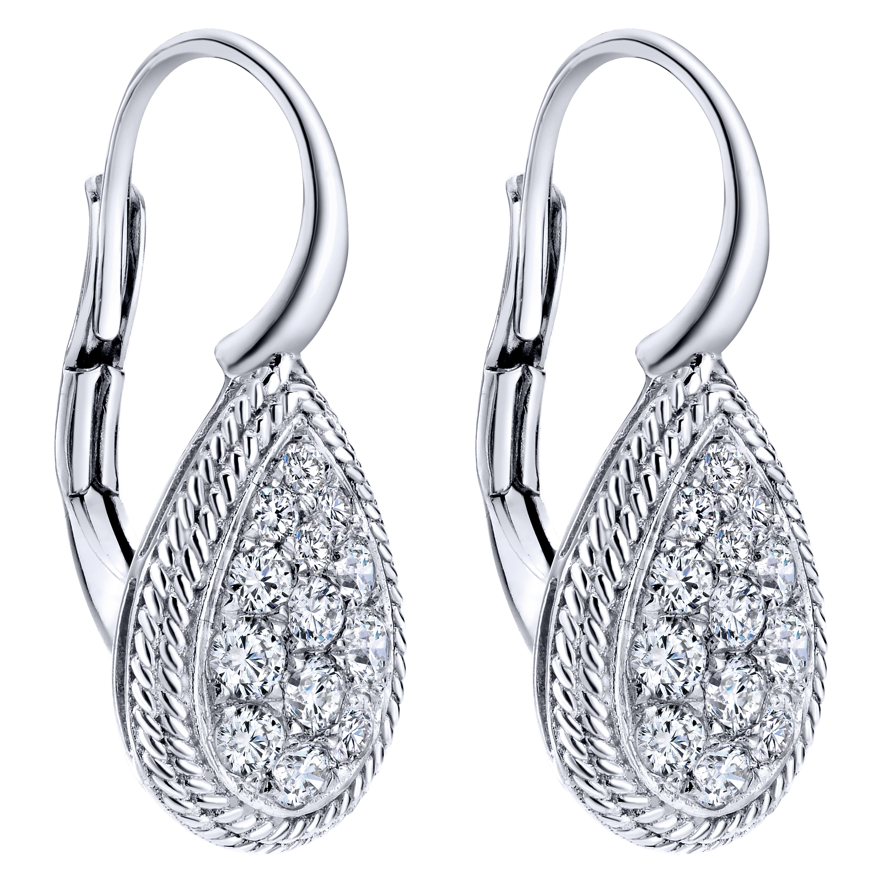 14K White Gold Teardrop Leverback Cluster Diamond Earrings