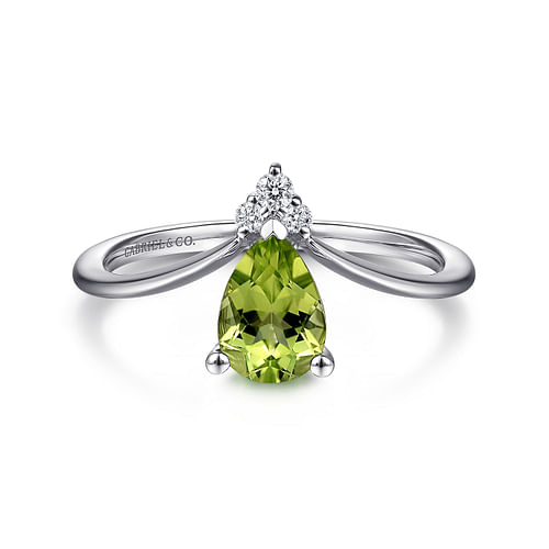 14K White Gold Teardrop Peridot and Diamond Chevron Ring