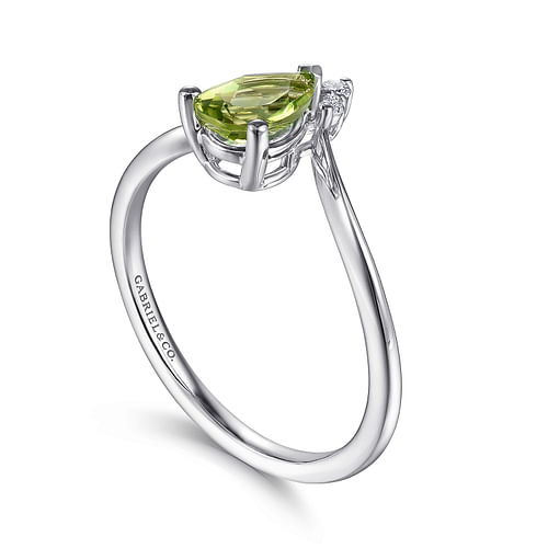 14K White Gold Teardrop Peridot and Diamond Chevron Ring