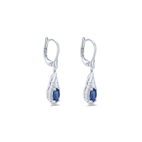 14K White Gold Teardrop Sapphire and Diamond Drop Earrings