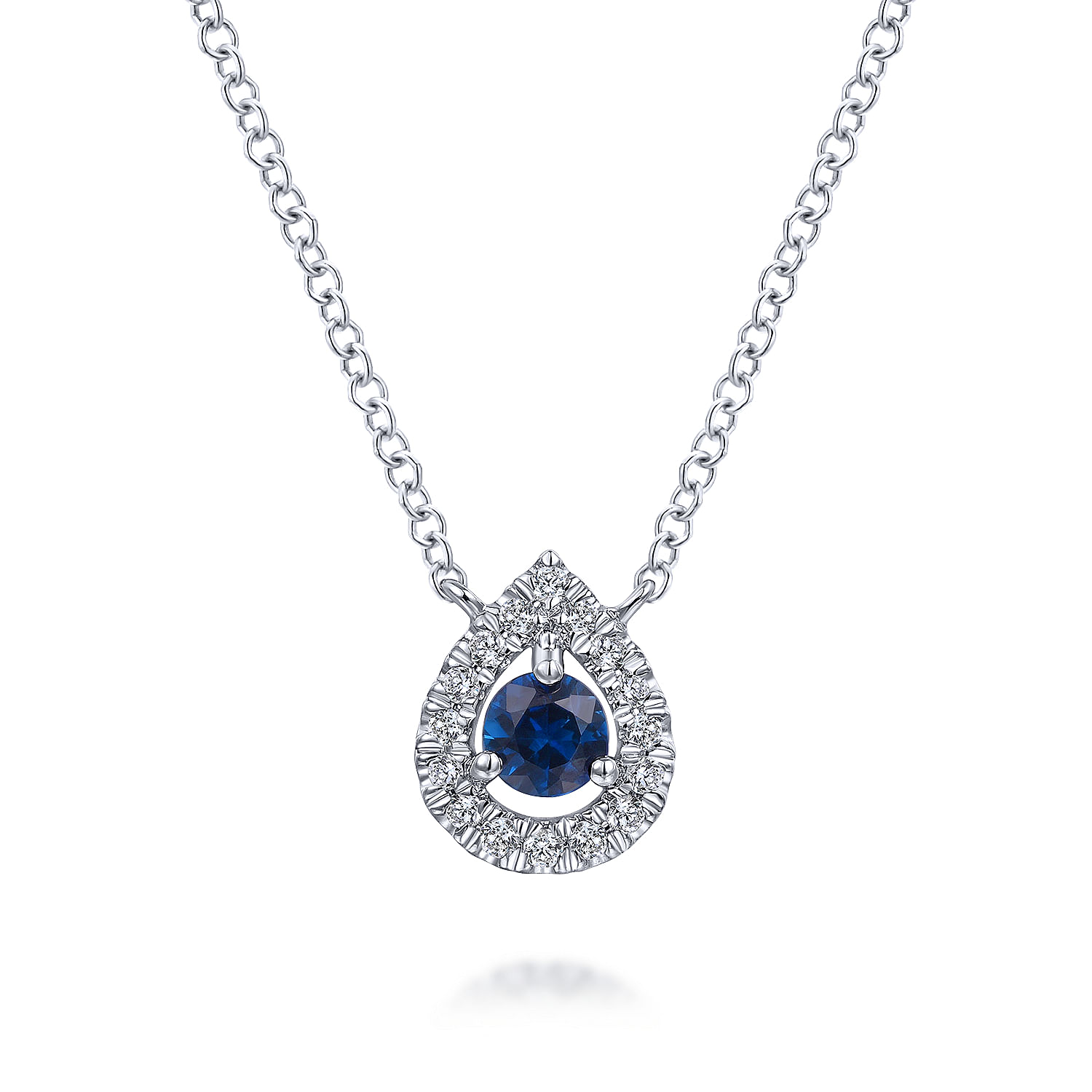 Gabriel - 14K White Gold Teardrop Sapphire and Diamond Halo Pendant Necklace
