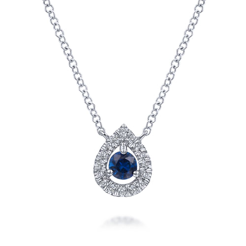 14K White Gold Teardrop Sapphire and Diamond Halo Pendant Necklace
