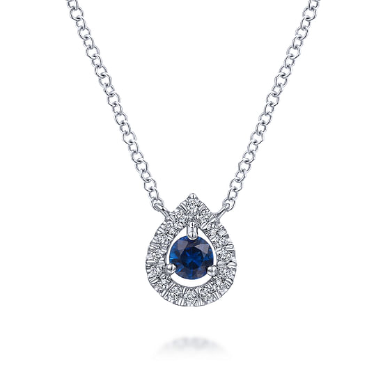 Gabriel - 14K White Gold Teardrop Sapphire and Diamond Halo Pendant Necklace