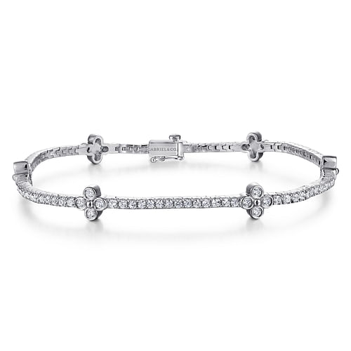 14K White Gold Tennis Bracelet with Quatrefoil Diamond Stations