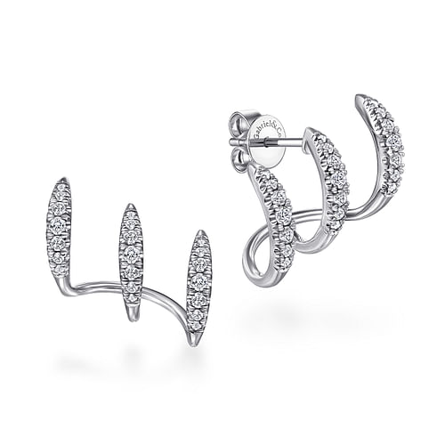 14K White Gold Three Bar Diamond Stud Earrings