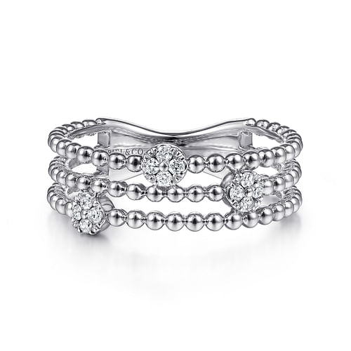 14K White Gold Three Row Beaded Ring with Pavé Diamond Cluster Stations