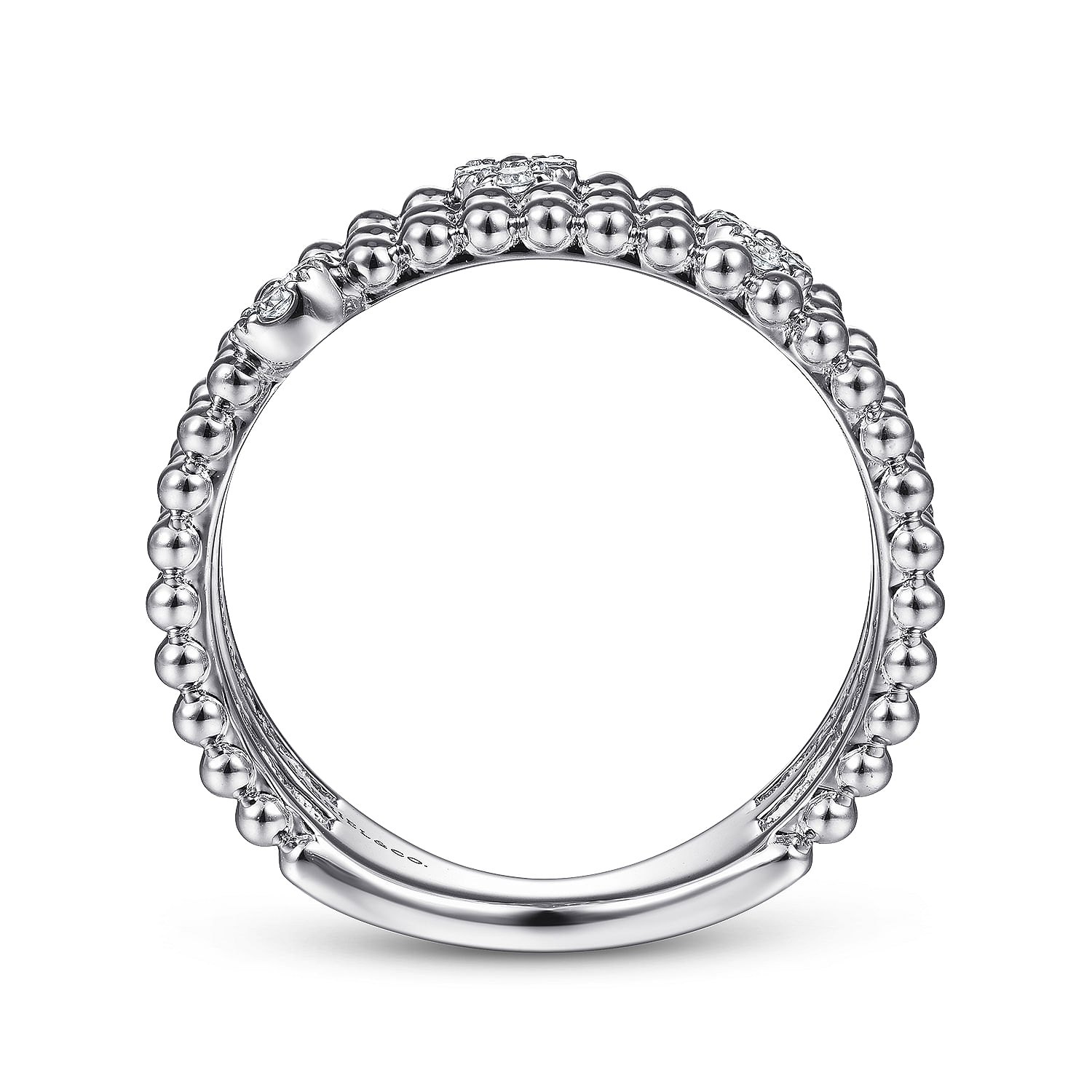 14K White Gold Three Row Beaded Ring with Pavé Diamond Cluster Stations