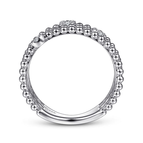 14K White Gold Three Row Beaded Ring with Pavé Diamond Cluster Stations