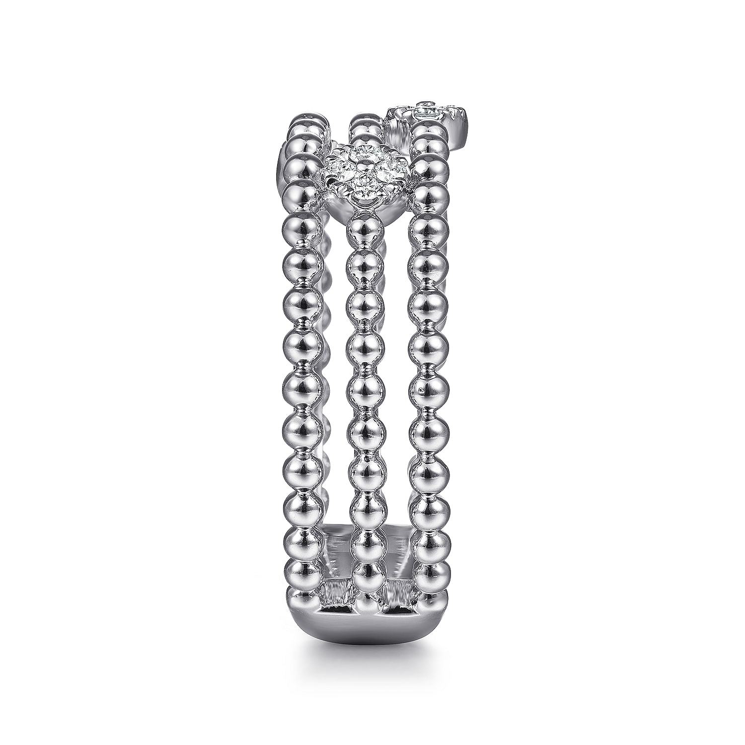 14K White Gold Three Row Beaded Ring with Pavé Diamond Cluster Stations