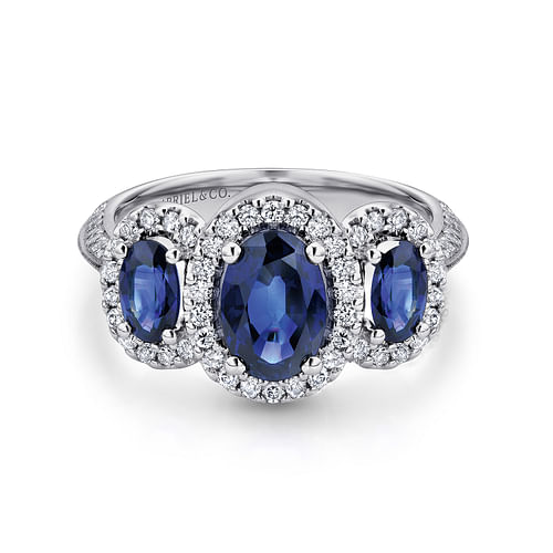 14K White Gold Three Row Halo Sapphire and Diamond Ring