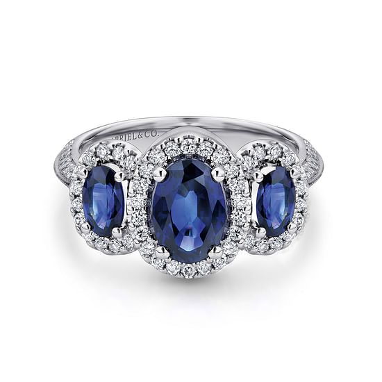 Gabriel - 14K White Gold Three Row Halo Sapphire and Diamond Ring