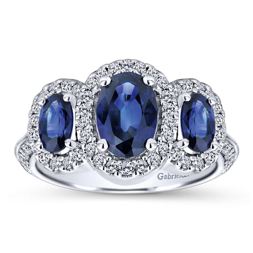 14K White Gold Three Row Halo Sapphire and Diamond Ring