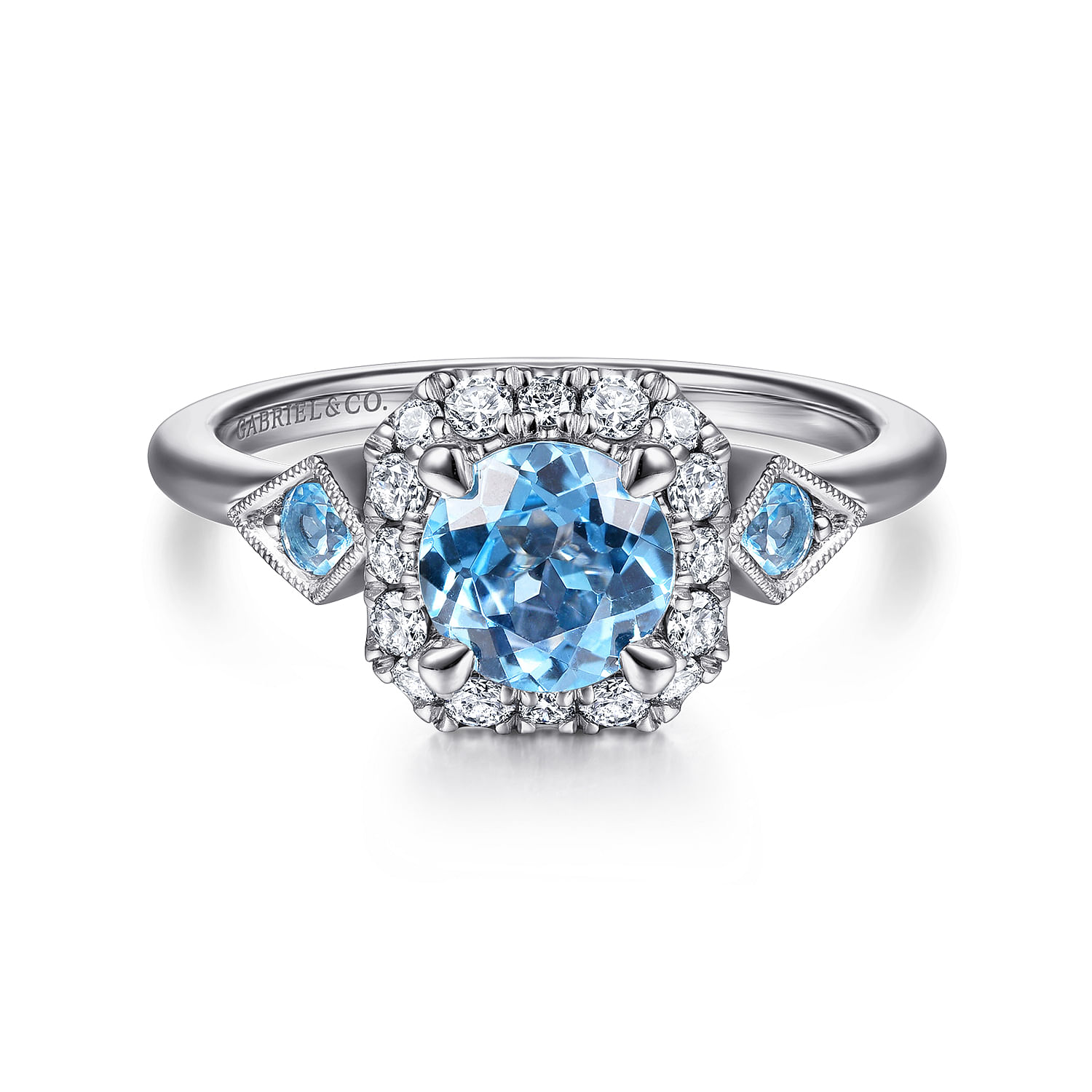 Gabriel - 14K White Gold Three Stone Blue Topaz and Diamond Halo Ring