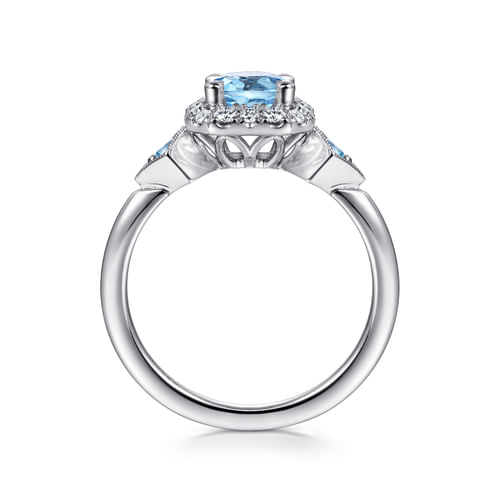14K White Gold Three Stone Blue Topaz and Diamond Halo Ring
