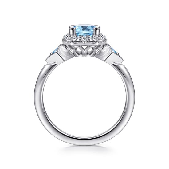 14K White Gold Three Stone Blue Topaz and Diamond Halo Ring angle 2