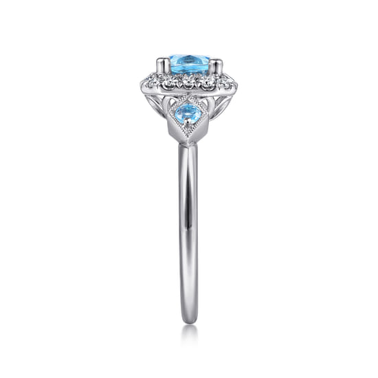 14K White Gold Three Stone Blue Topaz and Diamond Halo Ring angle 4