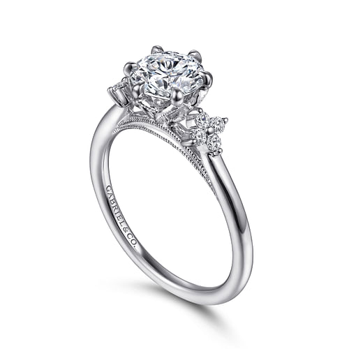 14K White Gold Three Stone Cluster Round Diamond Engagement Ring