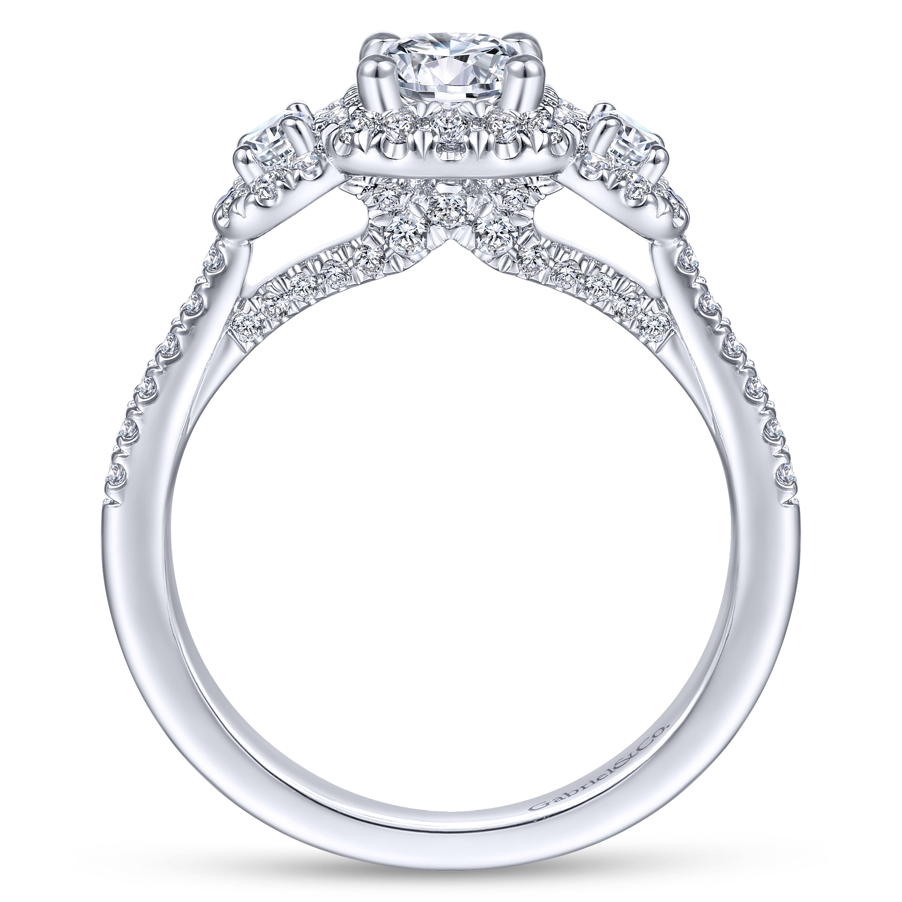 14K White Gold Three Stone Halo Diamond Engagement Ring