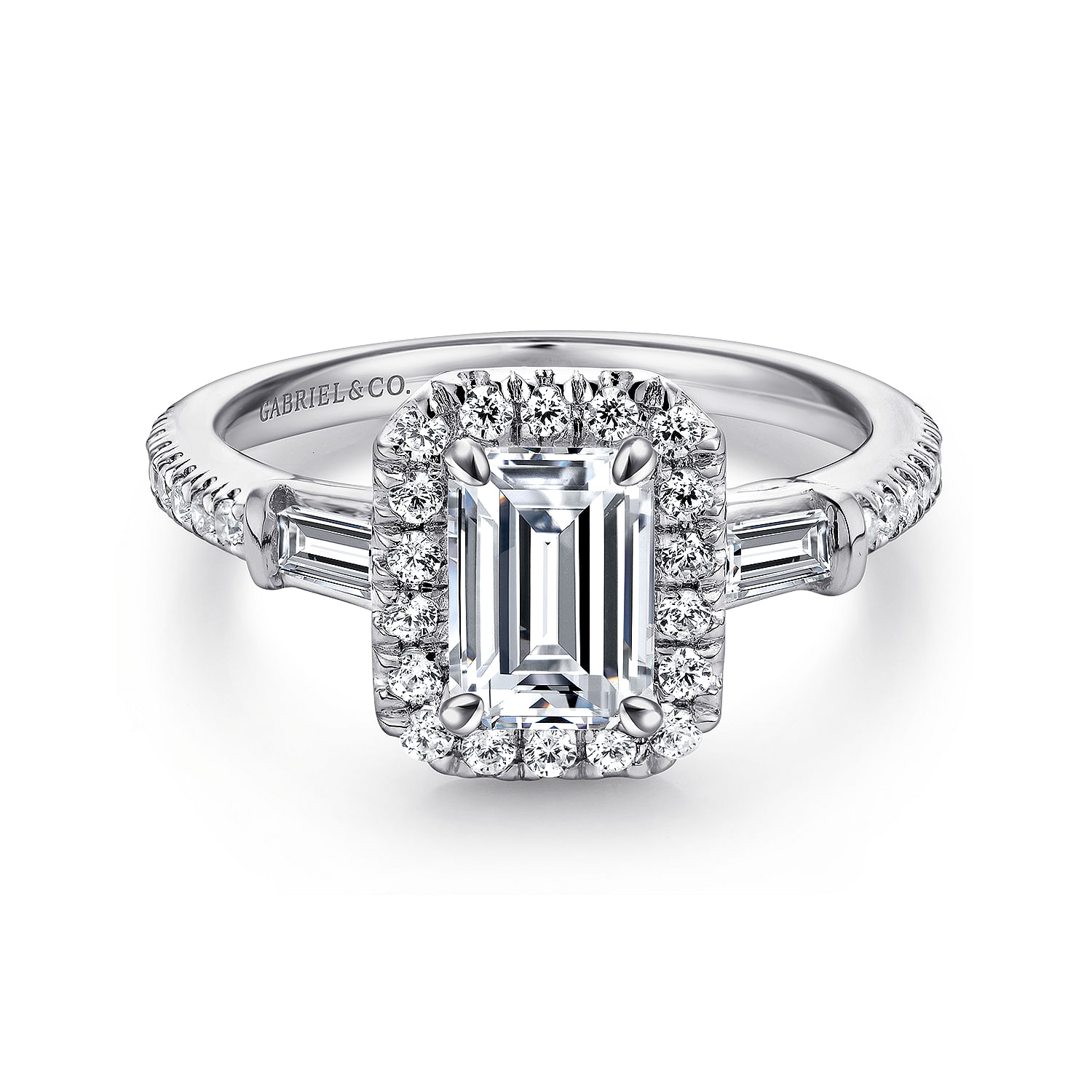 Gabriel - 14K White Gold Three Stone Halo Emerald Cut Diamond Channel Set Engagement Ring