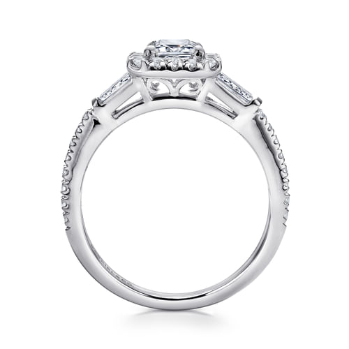 14K White Gold Three Stone Halo Emerald Cut Diamond Channel Set Engagement Ring