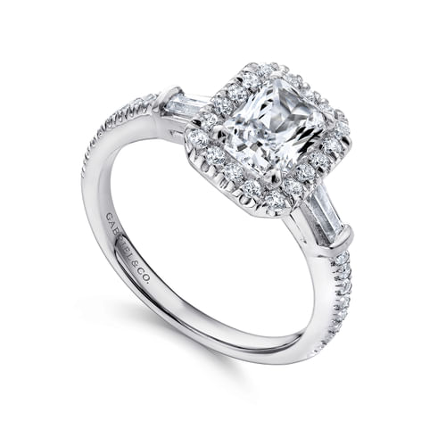 14K White Gold Three Stone Halo Emerald Cut Diamond Channel Set Engagement Ring
