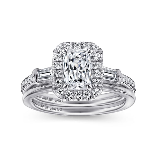 14K White Gold Three Stone Halo Emerald Cut Diamond Channel Set Engagement Ring
