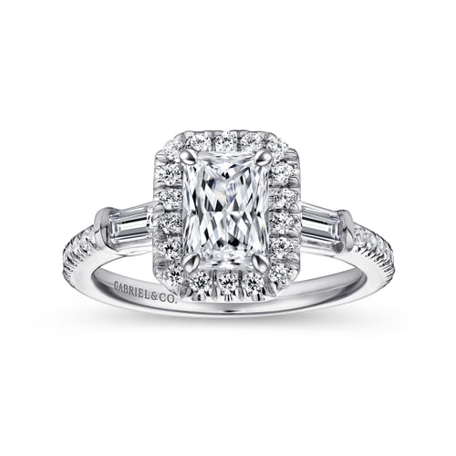 14K White Gold Three Stone Halo Emerald Cut Diamond Channel Set Engagement Ring