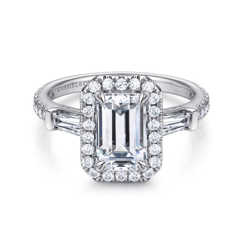 14K White Gold Three Stone Halo Emerald Cut Diamond Channel Set Engagement Ring