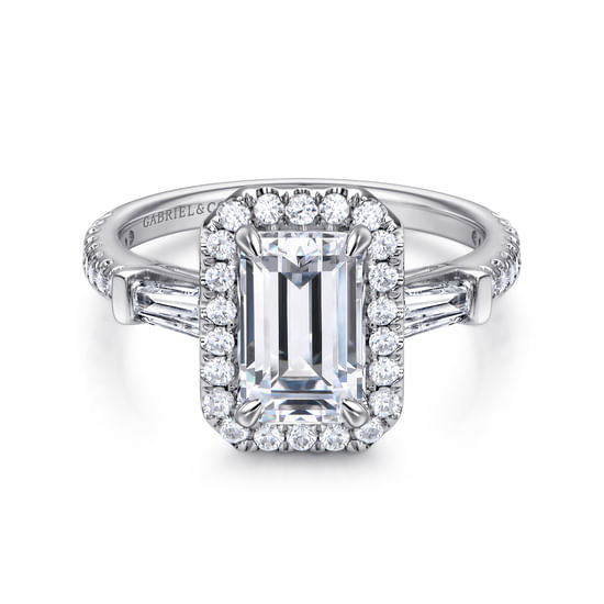 Gabriel - 14K White Gold Three Stone Halo Emerald Cut Diamond Channel Set Engagement Ring