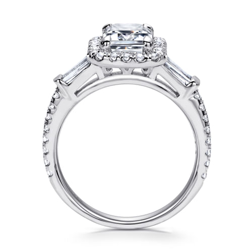 14K White Gold Three Stone Halo Emerald Cut Diamond Channel Set Engagement Ring