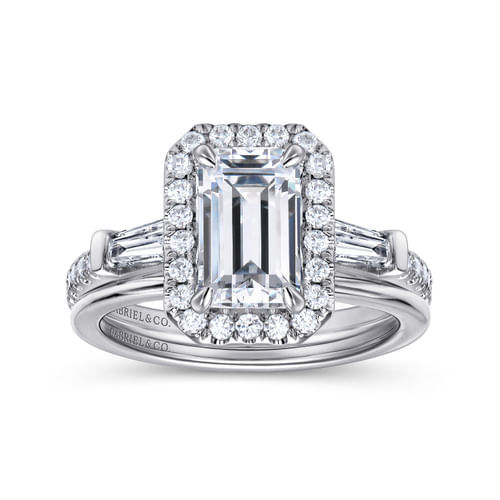 14K White Gold Three Stone Halo Emerald Cut Diamond Channel Set Engagement Ring