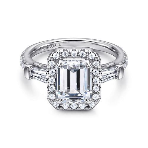 14K White Gold Three Stone Halo Emerald Cut Diamond Channel Set Engagement Ring