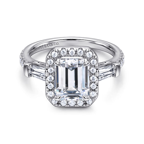 Gabriel - 14K White Gold Three Stone Halo Emerald Cut Diamond Channel Set Engagement Ring