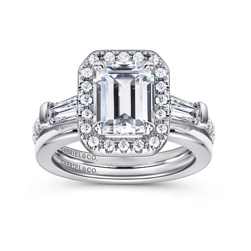 14K White Gold Three Stone Halo Emerald Cut Diamond Channel Set Engagement Ring