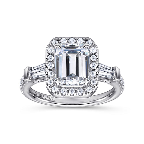 14K White Gold Three Stone Halo Emerald Cut Diamond Channel Set Engagement Ring