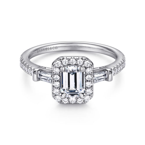 14K White Gold Three Stone Halo Emerald Cut Diamond Channel Set Engagement Ring