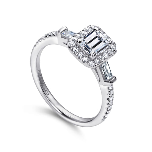 14K White Gold Three Stone Halo Emerald Cut Diamond Channel Set Engagement Ring