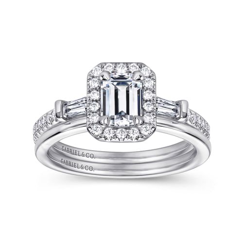 14K White Gold Three Stone Halo Emerald Cut Diamond Channel Set Engagement Ring