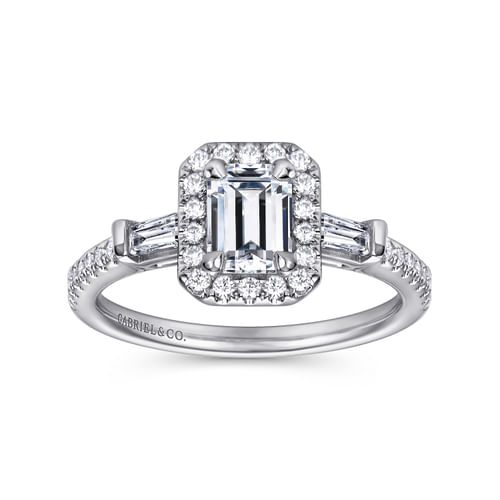 14K White Gold Three Stone Halo Emerald Cut Diamond Channel Set Engagement Ring