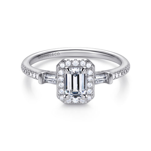 14K White Gold Three Stone Halo Emerald Cut Diamond Channel Set Engagement Ring