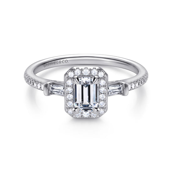 Gabriel - 14K White Gold Three Stone Halo Emerald Cut Diamond Channel Set Engagement Ring