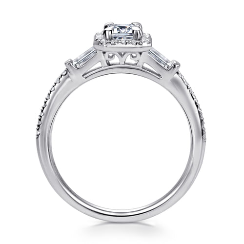 14K White Gold Three Stone Halo Emerald Cut Diamond Channel Set Engagement Ring