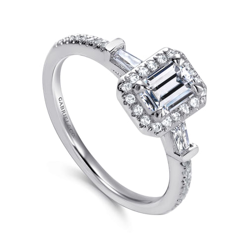 14K White Gold Three Stone Halo Emerald Cut Diamond Channel Set Engagement Ring