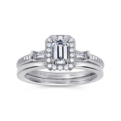 14K White Gold Three Stone Halo Emerald Cut Diamond Channel Set Engagement Ring